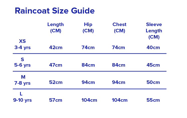 Te Rā kids raincoat size chart NZ, measurements
