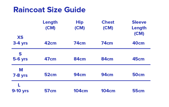 Te Rā kids raincoat size chart NZ, measurements
