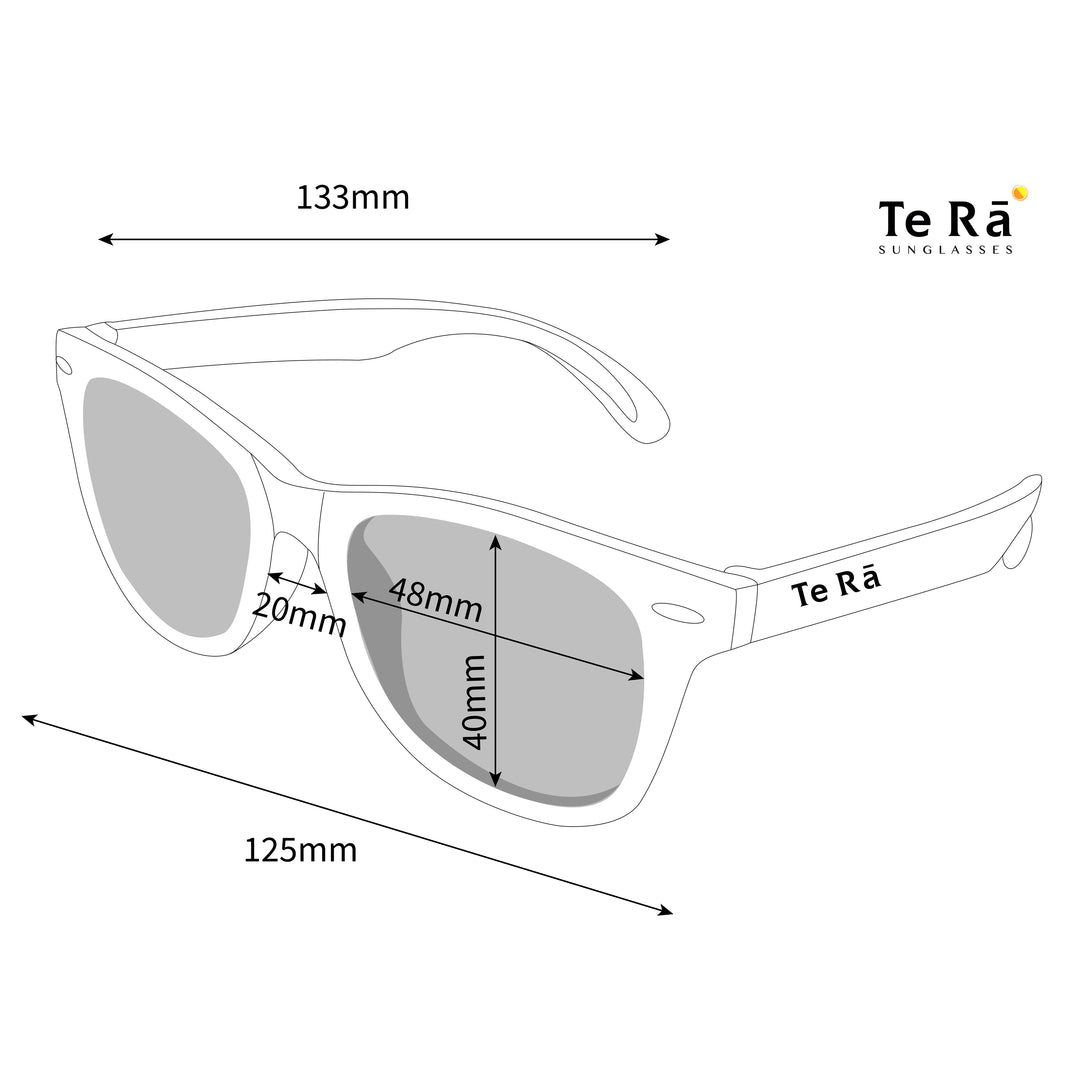 Measurement chart of Te Rá sunglasses with dimensions labeled.
