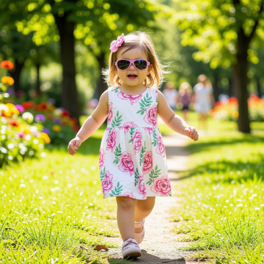 A young child walking on a sunlit park path wearing a white sleeveless dress with a pink rose print, lilac sunglasses, and a pink flower hair clip.
