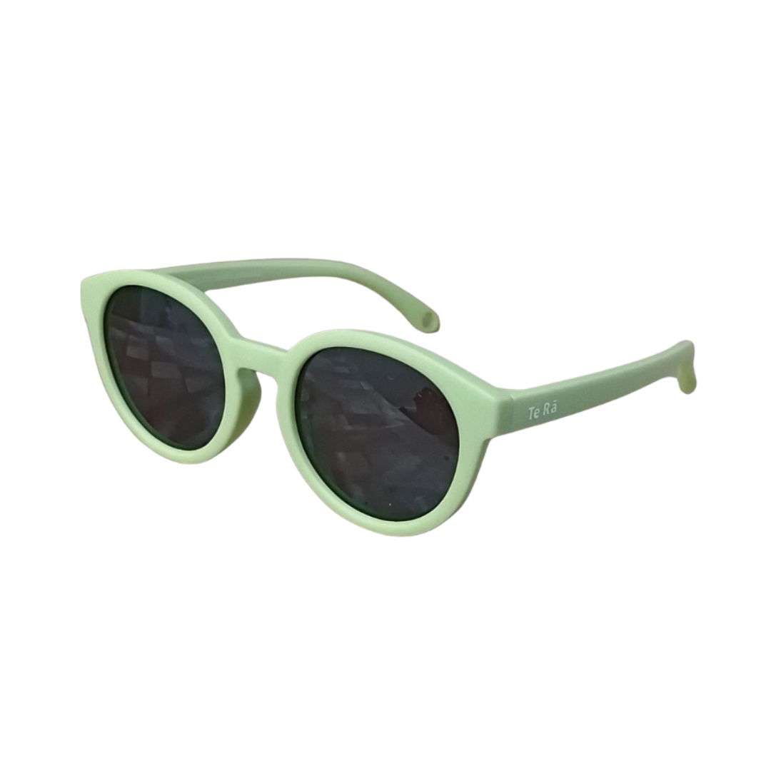 Rito Green round baby sunglasses NZ ages 0-2, three-quarter view — Te Rā