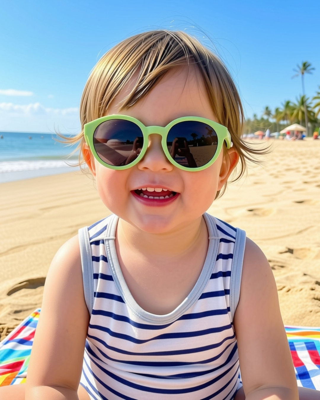 Baby wearing Rito Green round baby sunglasses NZ — Te Rā